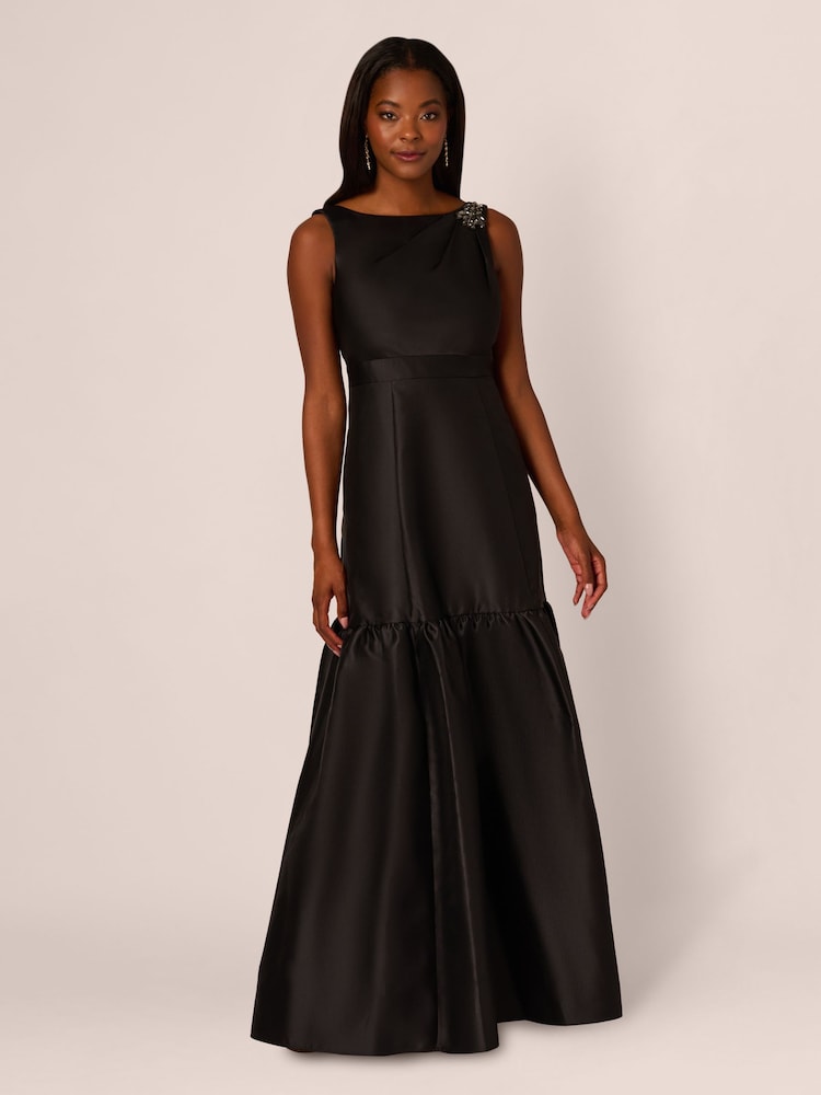Adrianna Papell Mikado Flounce Shirred Black Gown - Image 1 of 7