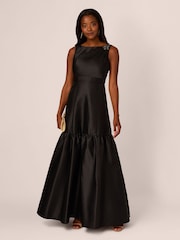 Adrianna Papell Mikado Flounce Shirred Black Gown - Image 3 of 7
