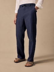 Navy Relaxed Fit 100% Linen Signature Chino Trousers - Image 1 of 9