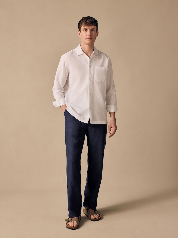 Navy Relaxed Fit 100% Linen Signature Chino Trousers - Image 2 of 9