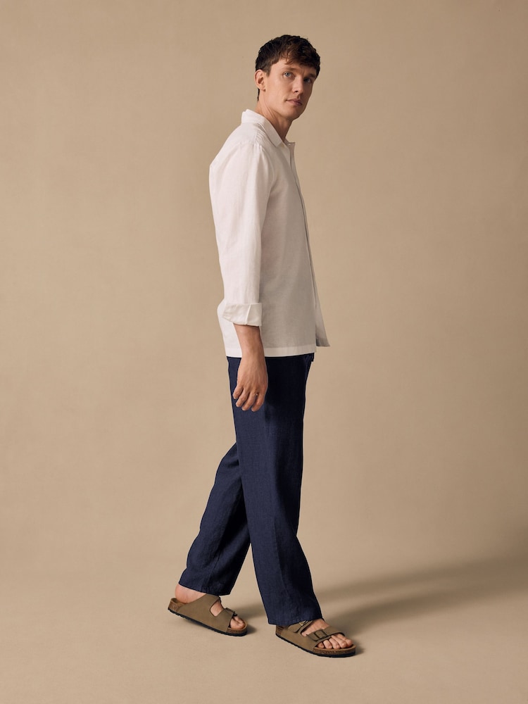 Navy Relaxed Fit 100% Linen Signature Chino Trousers - Image 5 of 11