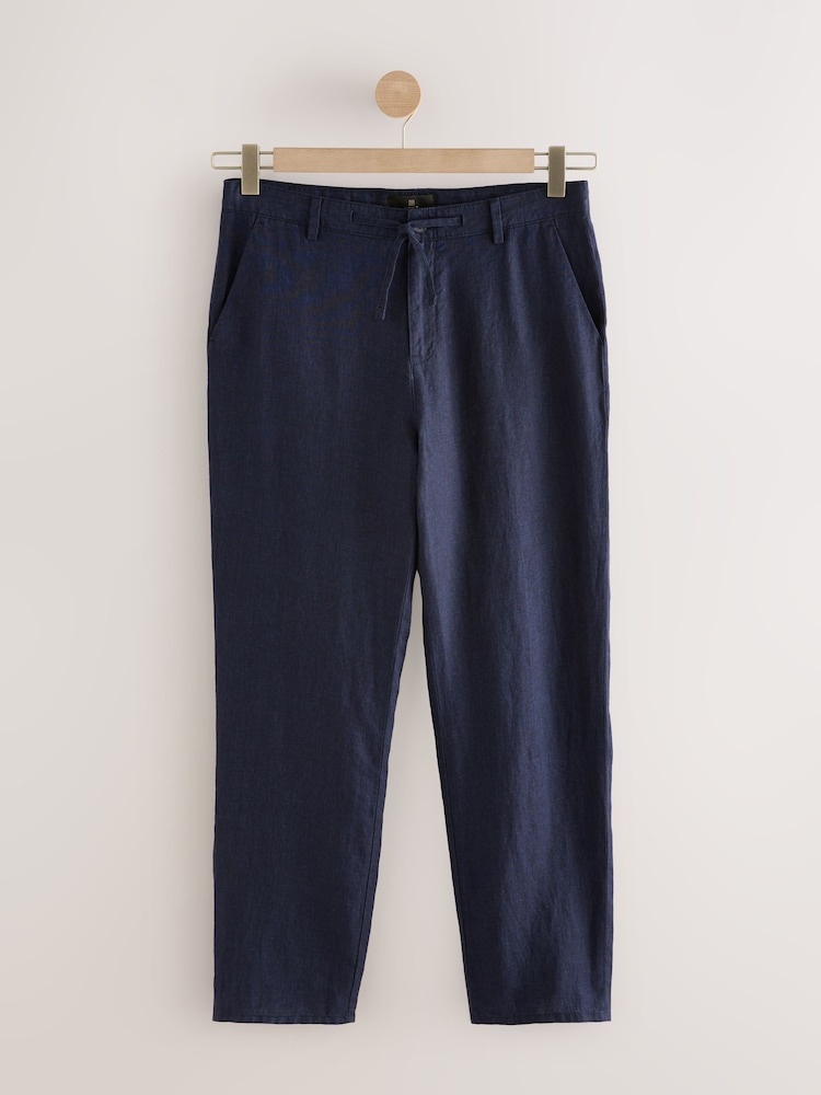 Navy Relaxed Fit 100% Linen Signature Chino Trousers - Image 8 of 11