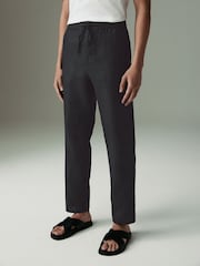 Black Regular Tapered Fit 100% Linen Signature Elasticated Waist Drawstring Trousers - Image 1 of 12