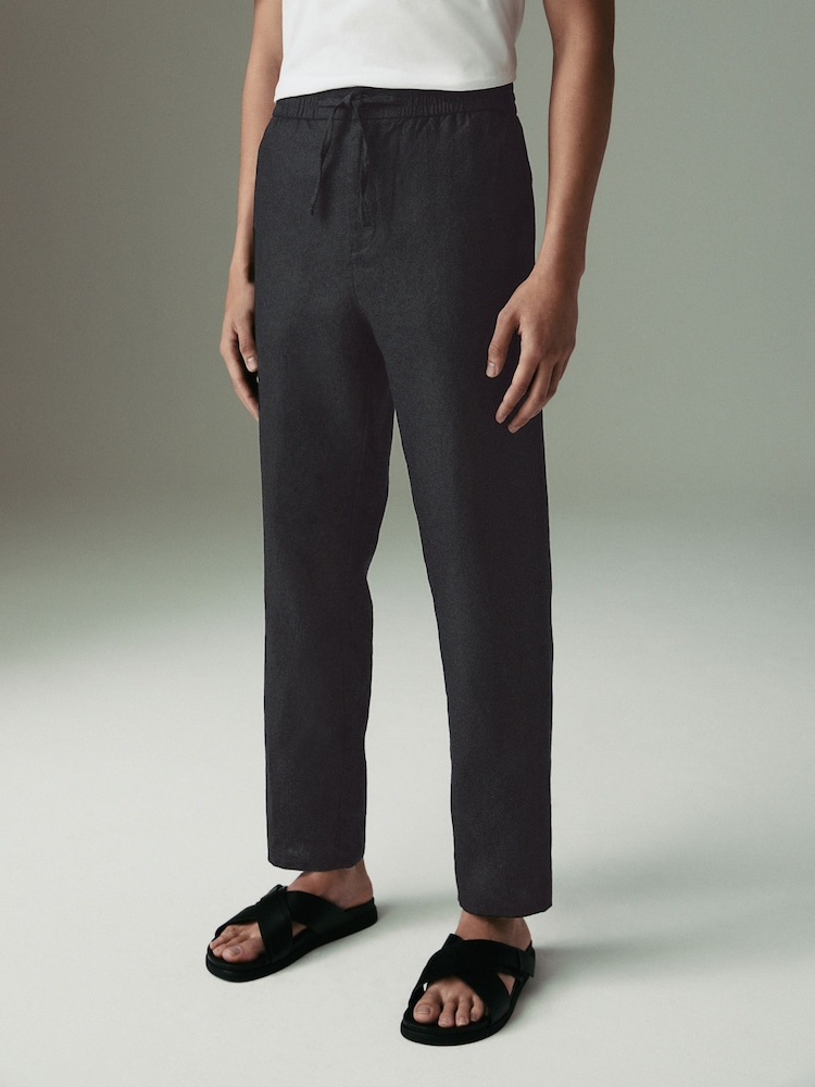 Black Regular Tapered Fit 100% Linen Signature Elasticated Waist Drawstring Trousers - Image 1 of 12
