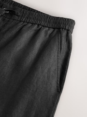 Black Regular Tapered Fit 100% Linen Signature Elasticated Waist Drawstring Trousers - Image 10 of 12