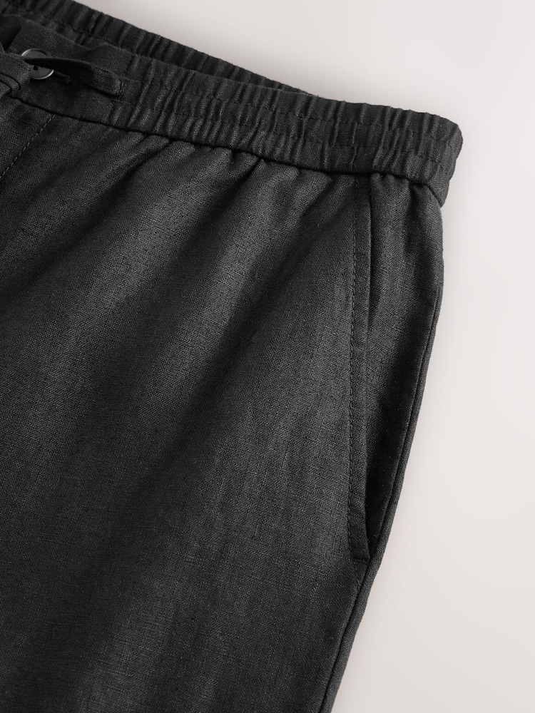 Black Regular Tapered Fit 100% Linen Signature Elasticated Waist Drawstring Trousers - Image 10 of 12