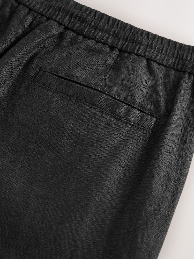 Black Regular Tapered Fit 100% Linen Signature Elasticated Waist Drawstring Trousers - Image 11 of 12