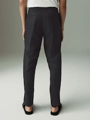 Black Regular Tapered Fit 100% Linen Signature Elasticated Waist Drawstring Trousers - Image 2 of 12