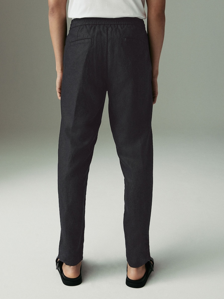 Black Regular Tapered Fit 100% Linen Signature Elasticated Waist Drawstring Trousers - Image 2 of 12
