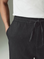 Black Regular Tapered Fit 100% Linen Signature Elasticated Waist Drawstring Trousers - Image 3 of 12