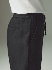Black Regular Tapered Fit 100% Linen Signature Elasticated Waist Drawstring Trousers - Image 4 of 12