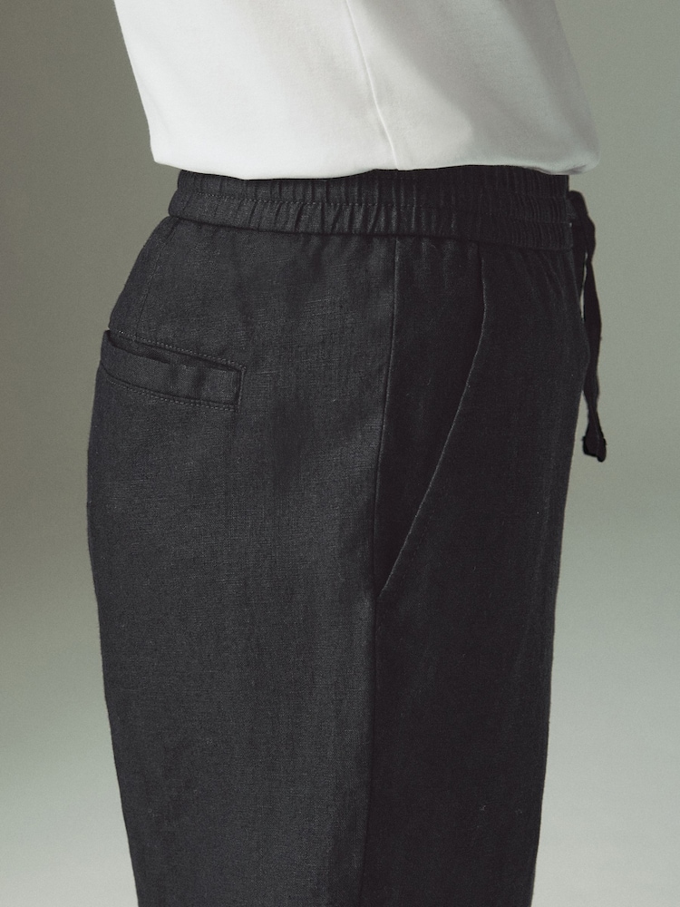 Black Regular Tapered Fit 100% Linen Signature Elasticated Waist Drawstring Trousers - Image 4 of 12