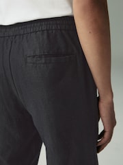 Black Regular Tapered Fit 100% Linen Signature Elasticated Waist Drawstring Trousers - Image 5 of 12