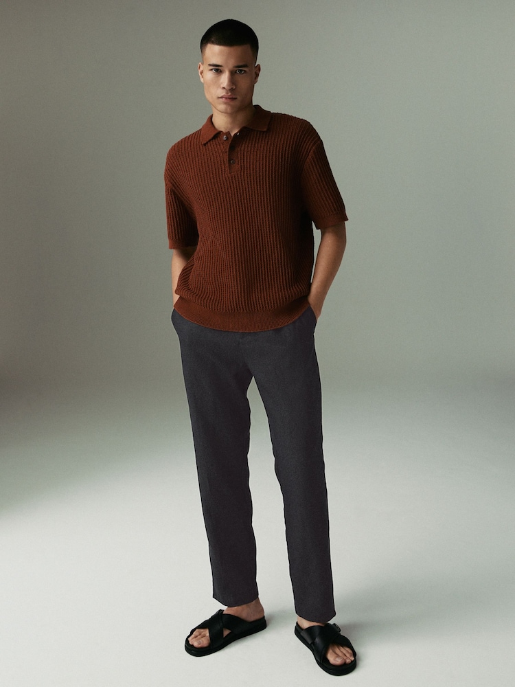 Black Regular Tapered Fit 100% Linen Signature Elasticated Waist Drawstring Trousers - Image 6 of 12