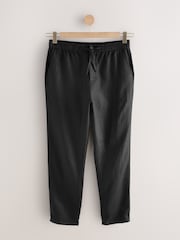 Black Regular Tapered Fit 100% Linen Signature Elasticated Waist Drawstring Trousers - Image 8 of 12