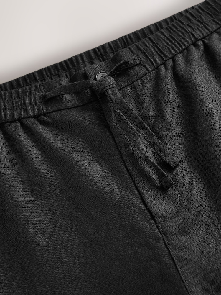 Black Regular Tapered Fit 100% Linen Signature Elasticated Waist Drawstring Trousers - Image 9 of 12
