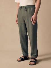 Sage Green Regular Tapered Fit 100% Linen Signature Elasticated Waist Drawstring Trousers - Image 1 of 11