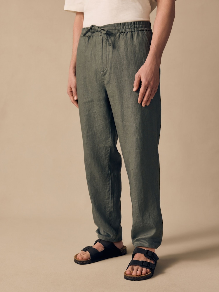 Sage Green Regular Tapered Fit 100% Linen Signature Elasticated Waist Drawstring Trousers - Image 1 of 11