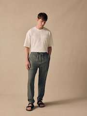 Sage Green Regular Tapered Fit 100% Linen Signature Elasticated Waist Drawstring Trousers - Image 2 of 11