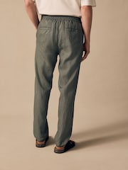 Sage Green Regular Tapered Fit 100% Linen Signature Elasticated Waist Drawstring Trousers - Image 3 of 11