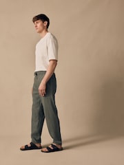 Sage Green Regular Tapered Fit 100% Linen Signature Elasticated Waist Drawstring Trousers - Image 4 of 11
