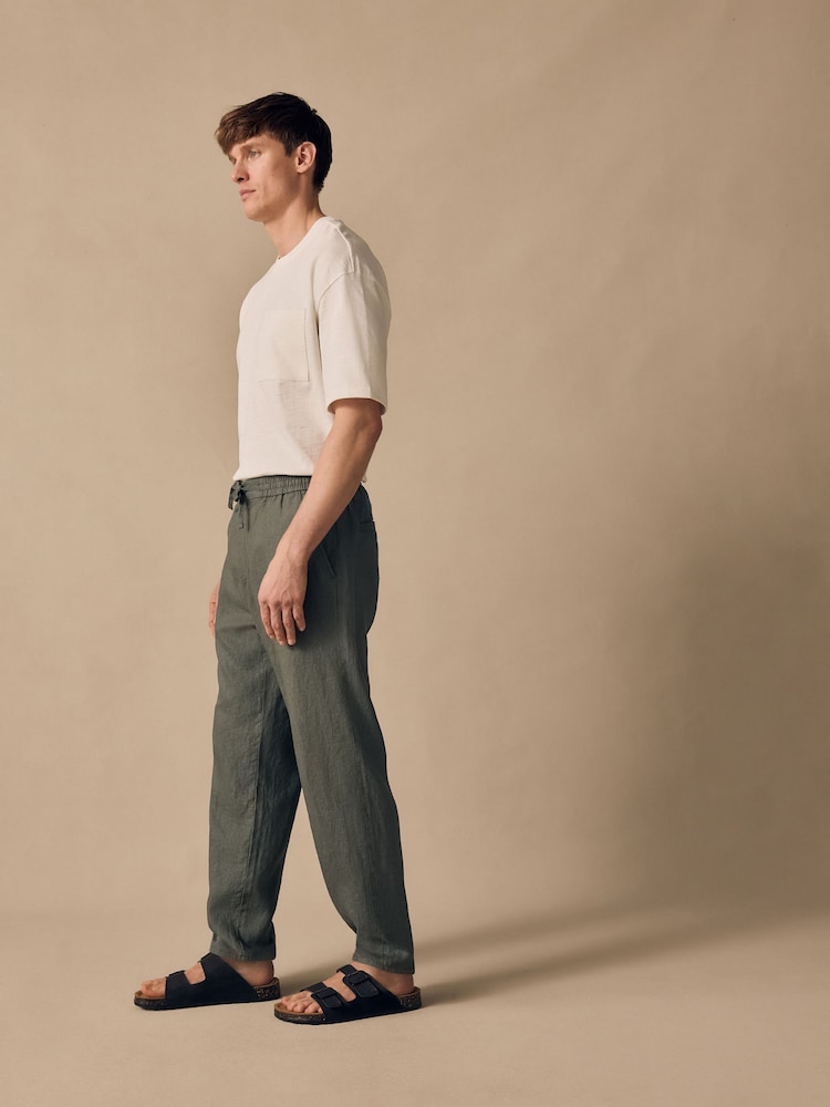 Sage Green Regular Tapered Fit 100% Linen Signature Elasticated Waist Drawstring Trousers - Image 4 of 11