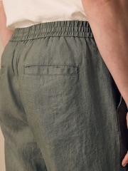 Sage Green Regular Tapered Fit 100% Linen Signature Elasticated Waist Drawstring Trousers - Image 5 of 11