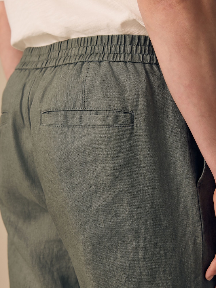 Sage Green Regular Tapered Fit 100% Linen Signature Elasticated Waist Drawstring Trousers - Image 5 of 11