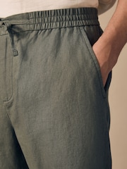 Sage Green Regular Tapered Fit 100% Linen Signature Elasticated Waist Drawstring Trousers - Image 6 of 11