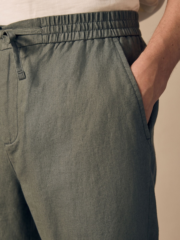 Sage Green Regular Tapered Fit 100% Linen Signature Elasticated Waist Drawstring Trousers - Image 6 of 11