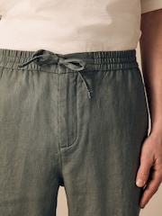 Sage Green Regular Tapered Fit 100% Linen Signature Elasticated Waist Drawstring Trousers - Image 7 of 11