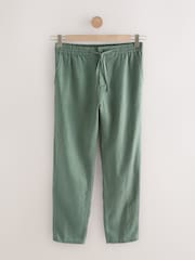 Sage Green Regular Tapered Fit 100% Linen Signature Elasticated Waist Drawstring Trousers - Image 8 of 11