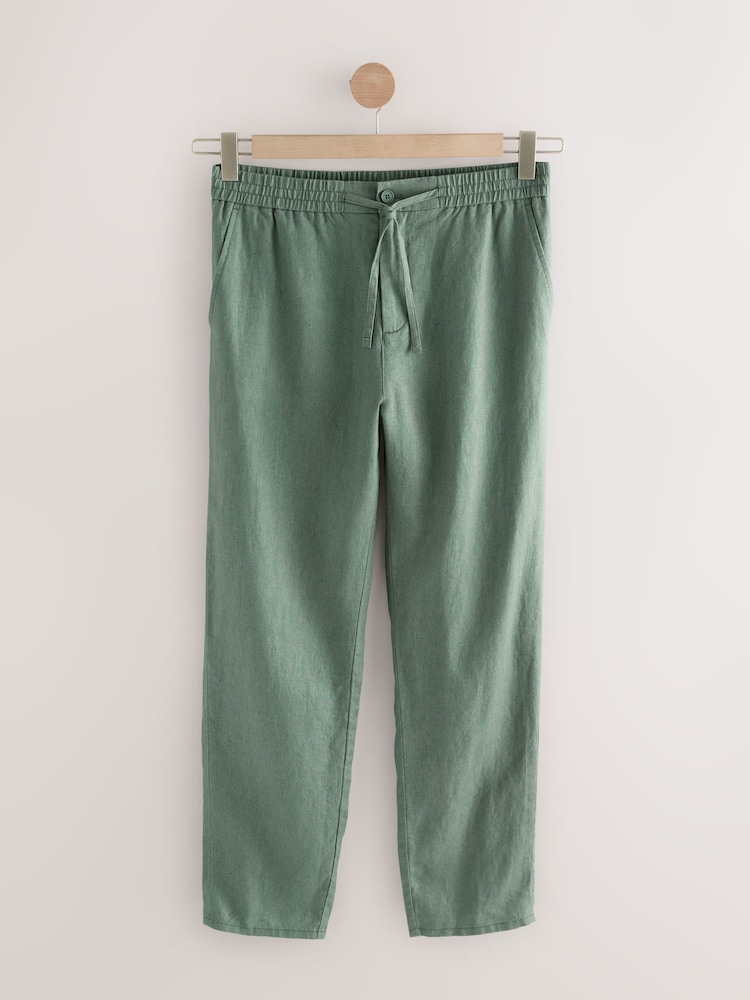 Sage Green Regular Tapered Fit 100% Linen Signature Elasticated Waist Drawstring Trousers - Image 8 of 11