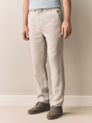 Stone Regular Tapered Fit 100% Linen Signature Elasticated Waist Drawstring Trousers - Image 1 of 7