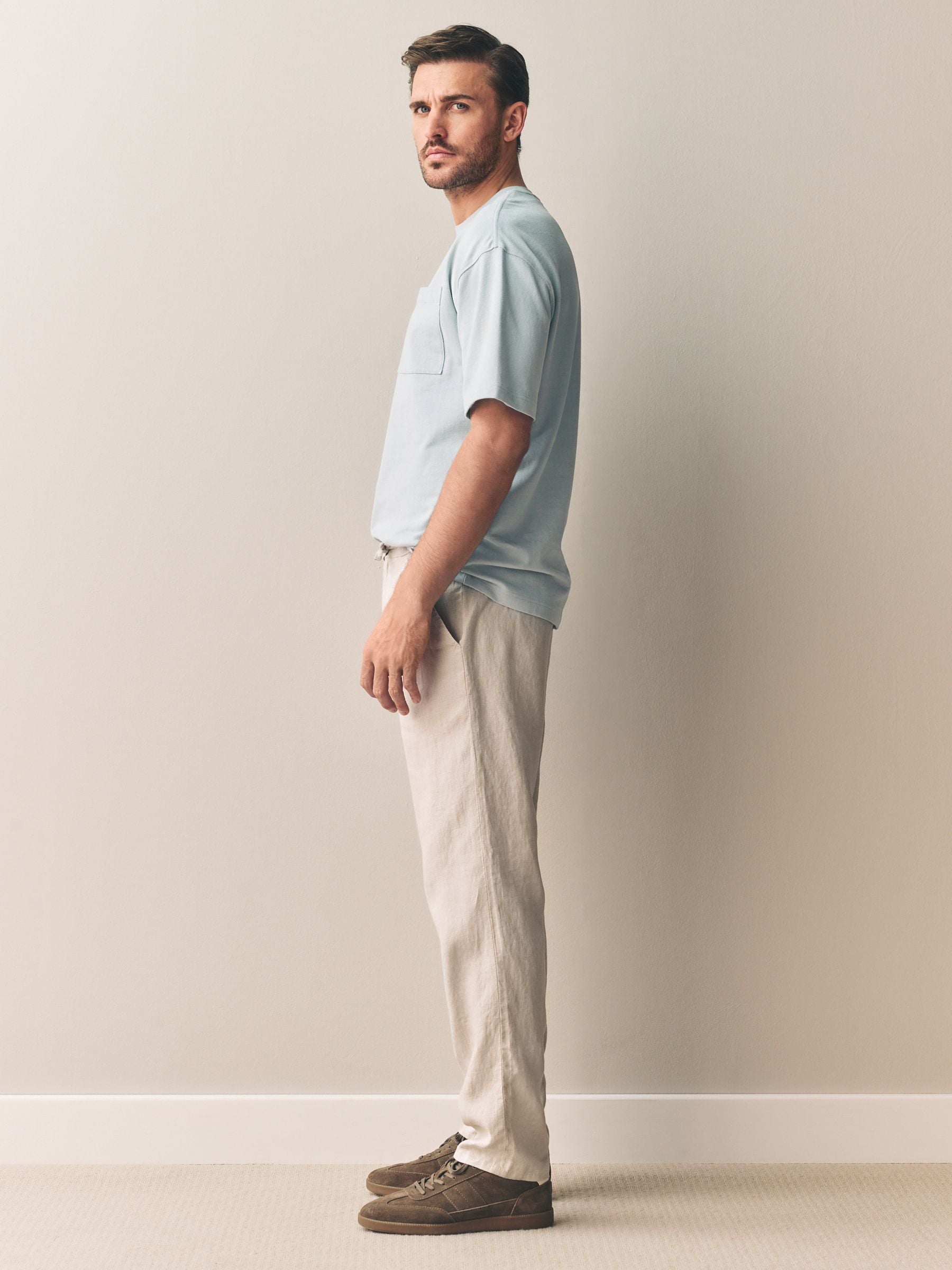 Buy Stone Regular Tapered Fit 100% Linen Signature Elasticated