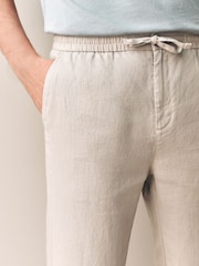 Stone Regular Tapered Fit 100% Linen Signature Elasticated Waist Drawstring Trousers - Image 6 of 7