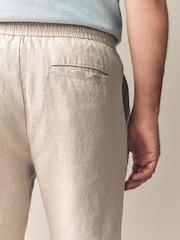 Stone Regular Tapered Fit 100% Linen Signature Elasticated Waist Drawstring Trousers - Image 7 of 7