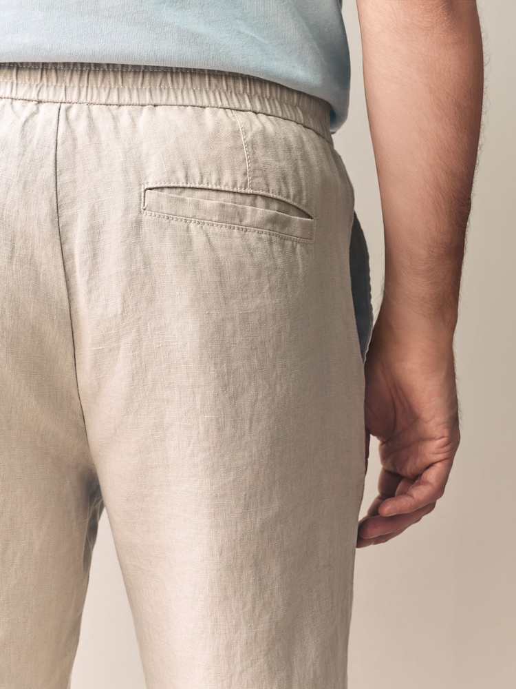Stone Regular Tapered Fit 100% Linen Signature Elasticated Waist Drawstring Trousers - Image 7 of 7