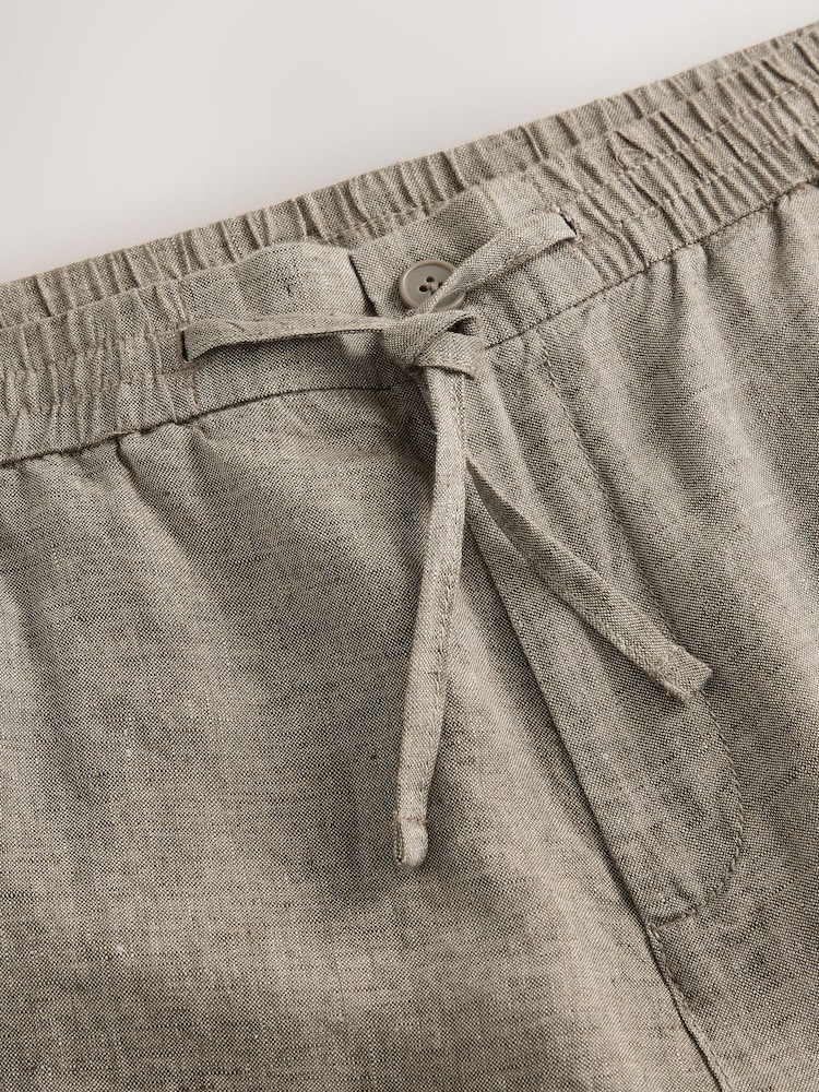 Neutral Regular Tapered Fit 100% Linen Signature Elasticated Waist Drawstring Trousers - Image 11 of 13