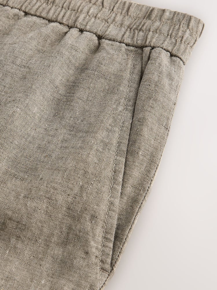 Neutral Regular Tapered Fit 100% Linen Signature Elasticated Waist Drawstring Trousers - Image 12 of 13
