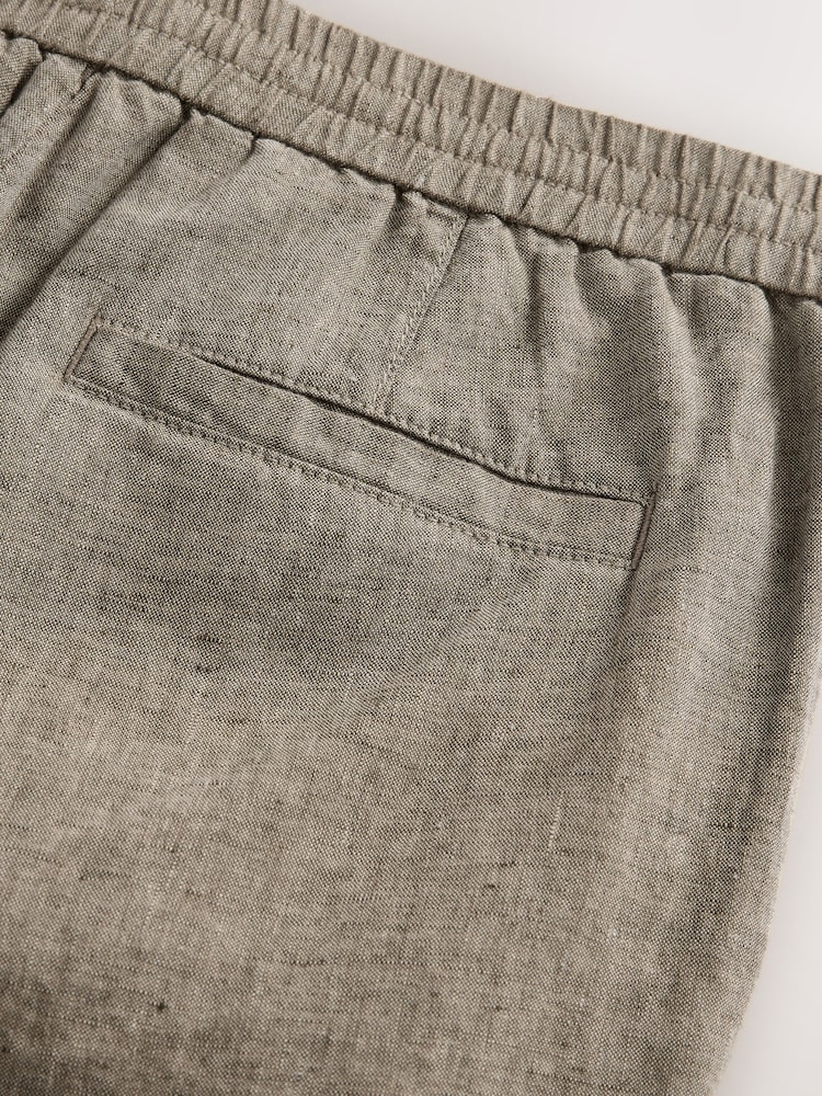 Neutral - Regular Tapered Fit - 100% Linen Signature Elasticated Waist Drawstring Trousers - Image 13 of 13