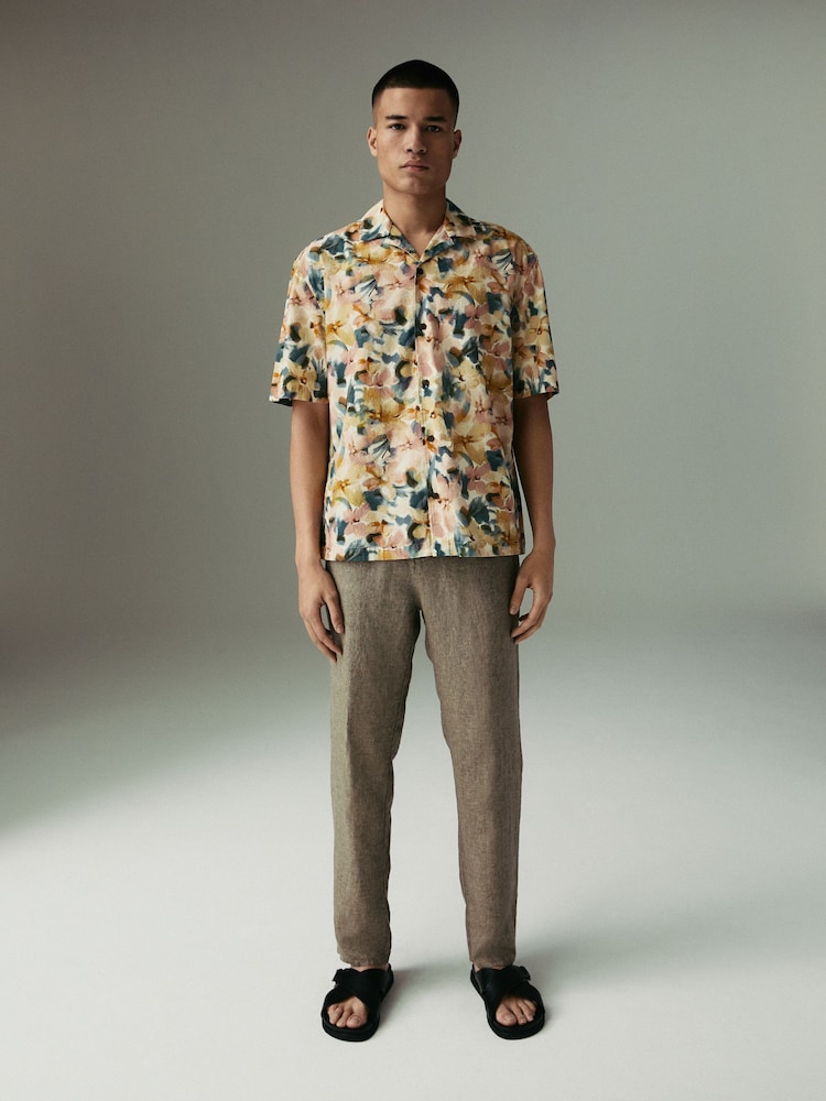 Neutral Regular Tapered Fit 100% Linen Signature Elasticated Waist Drawstring Trousers - Image 3 of 13