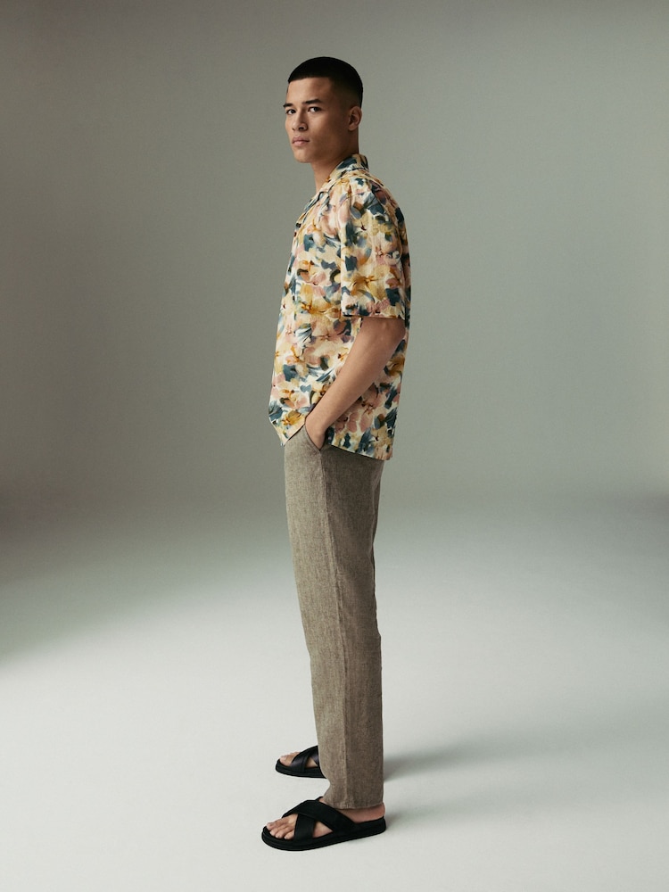 Neutral Regular Tapered Fit 100% Linen Signature Elasticated Waist Drawstring Trousers - Image 5 of 13