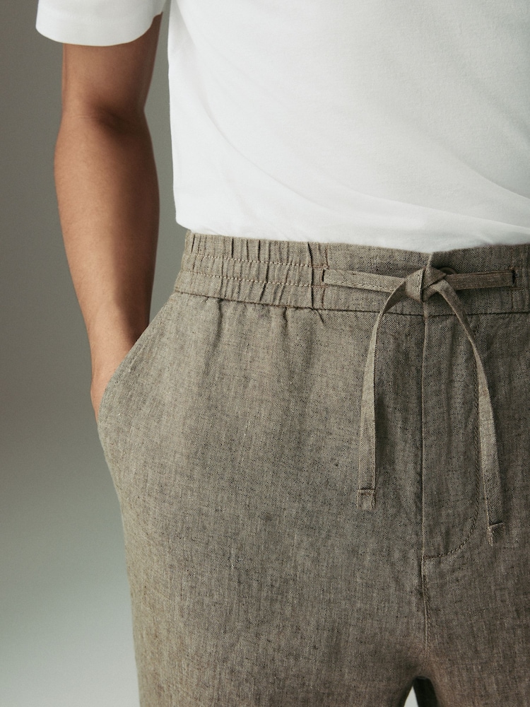 Neutral Regular Tapered Fit 100% Linen Signature Elasticated Waist Drawstring Trousers - Image 6 of 13