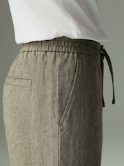 Neutral - Regular Tapered Fit - 100% Linen Signature Elasticated Waist Drawstring Trousers - Image 8 of 13