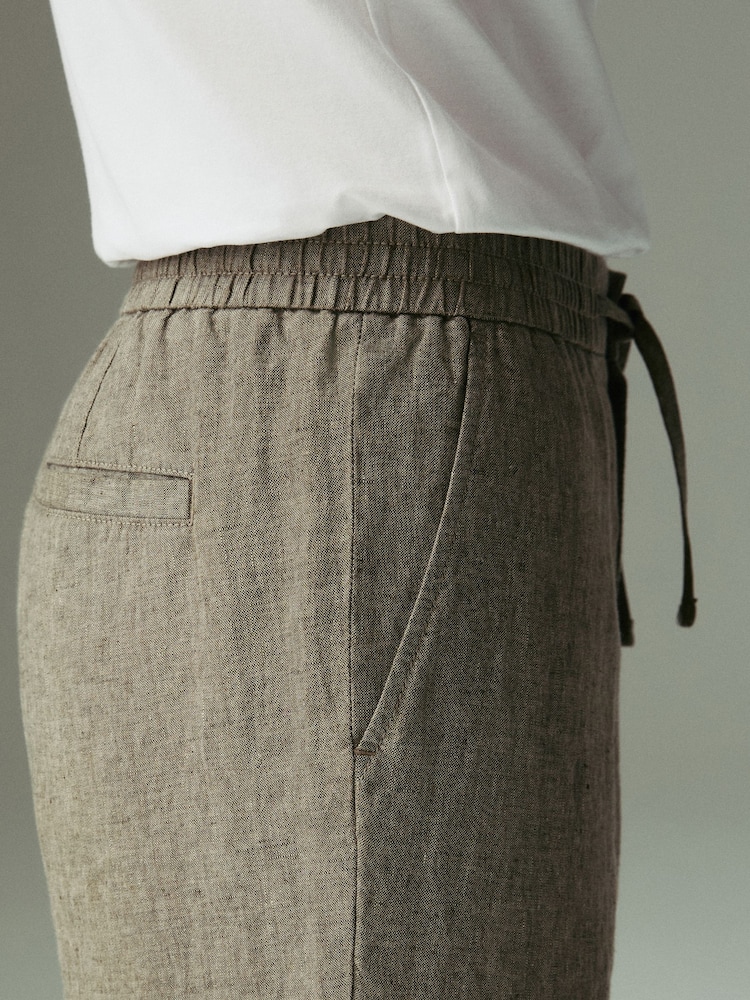 Neutral Regular Tapered Fit 100% Linen Signature Elasticated Waist Drawstring Trousers - Image 8 of 13