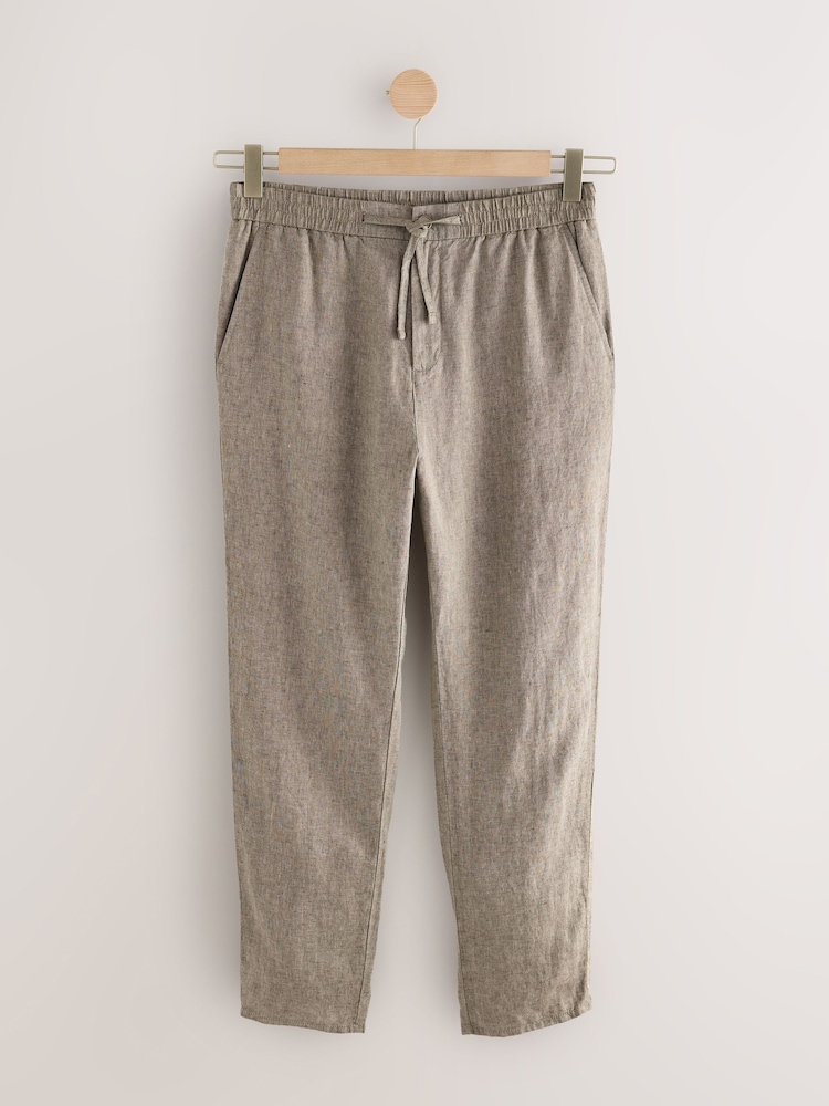 Neutral Regular Tapered Fit 100% Linen Signature Elasticated Waist Drawstring Trousers - Image 9 of 13