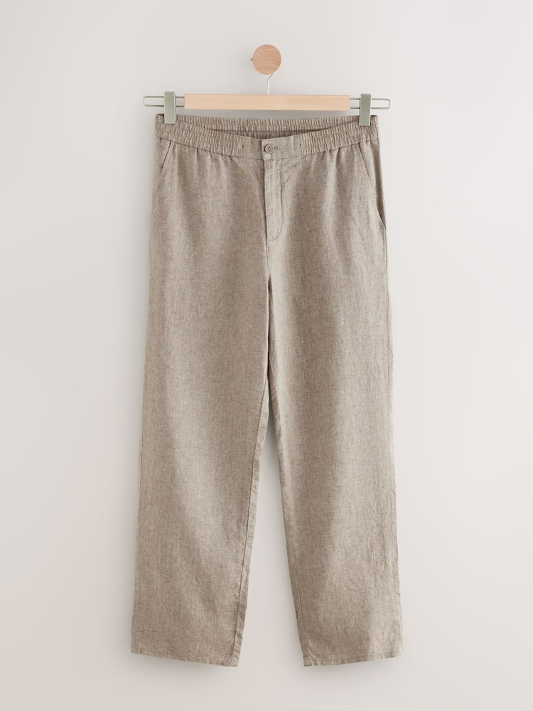 Neutral Relaxed Fit 100% Linen Signature Elasticated Waist Drawstring Trousers - Image 1 of 5
