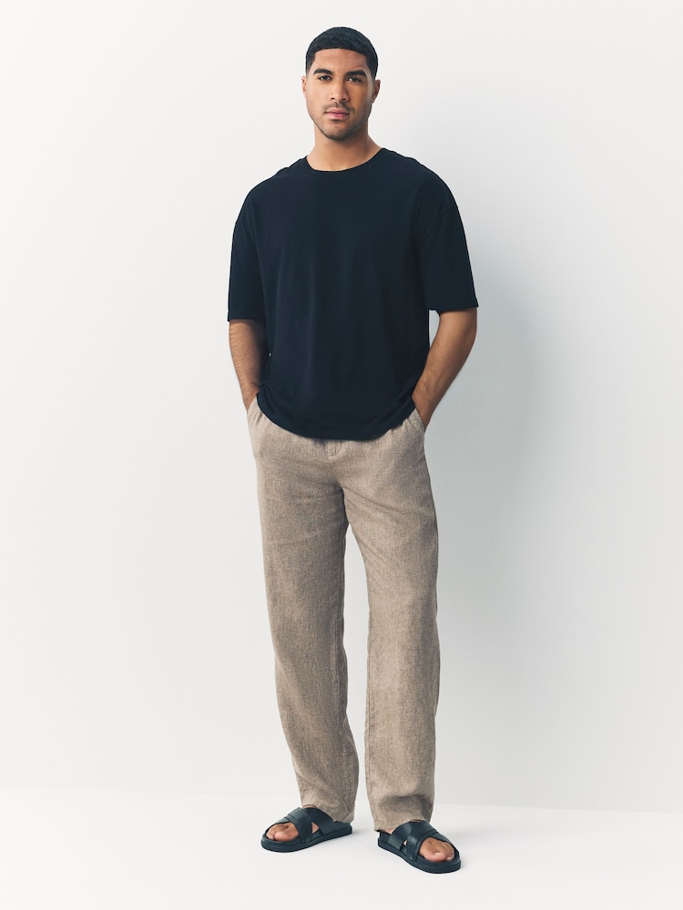 Neutral Relaxed Fit 100% Linen Signature Elasticated Waist Drawstring Trousers - Image 3 of 11