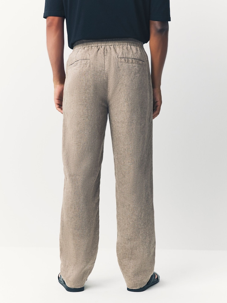 Neutral Relaxed Fit 100% Linen Signature Elasticated Waist Drawstring Trousers - Image 4 of 11